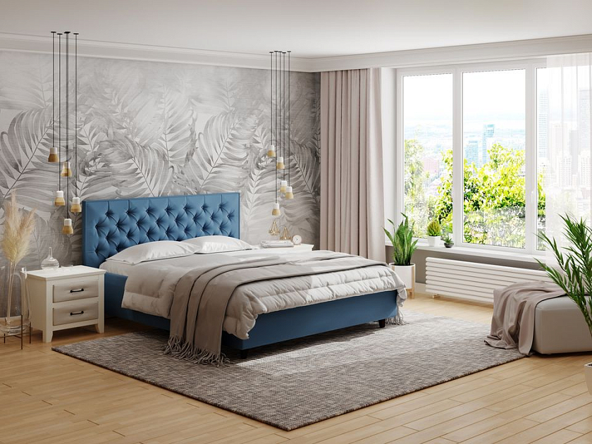 Кровать Teona 160x200 Искусственная шерсть Лама Индиго - Кровать с высоким изголовьем, украшенным благородной каретной пиковкой.