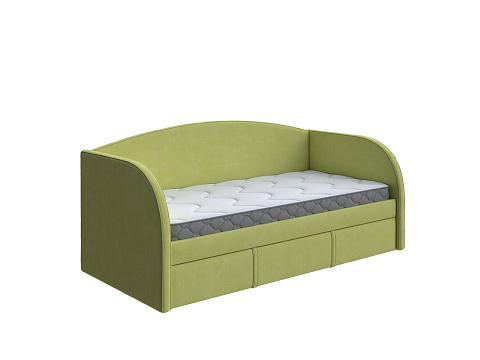 Зеленая кровать Hippo-Софа c выкатным ящиком - Удобная детская кровать с бельевым ящиком в мягкой обивке