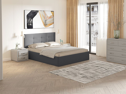 Серая кровать Forsa - Универсальная кровать с мягким изголовьем, выполненным из рогожки.